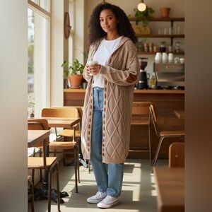 Tan and Carmel Colored Knit Long Hooded Cardigan